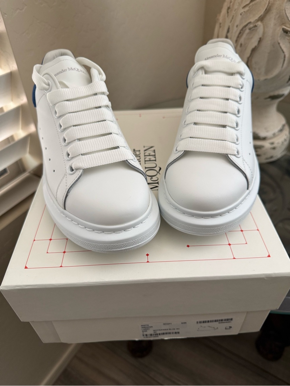 Alexander McQueen White Leather Sneakers with Blue Heel Tab